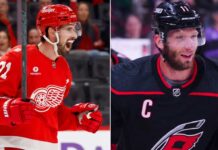 A split photo featuring a celebratory Dylan Larkin of the Detroit Red Wings on the left and a determined Jordan Staal of the Carolina Hurricanes on the right, highlighting key figures in current NHL news and trade rumors.