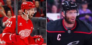 Latest NHL News and NHL Scores: Stanley Cup Game 6 & Trade Rumors A split photo featuring a celebratory Dylan Larkin of the Detroit Red Wings on the left and a determined Jordan Staal of the Carolina Hurricanes on the right, highlighting key figures in current NHL news and trade rumors.