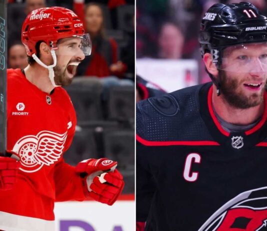 Latest NHL News and NHL Scores: Stanley Cup Game 6 & Trade Rumors A split photo featuring a celebratory Dylan Larkin of the Detroit Red Wings on the left and a determined Jordan Staal of the Carolina Hurricanes on the right, highlighting key figures in current NHL news and trade rumors.