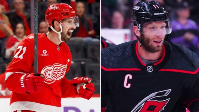 nhl-news-scores-rumors-june-14-2026 A split photo featuring a celebratory Dylan Larkin of the Detroit Red Wings on the left and a determined Jordan Staal of the Carolina Hurricanes on the right, highlighting key figures in current NHL news and trade rumors.