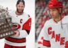 NHL News and NHL Scores: Carolina Hurricanes Win 2026 Stanley Cup Split image of Carolina Hurricanes captain Jordan Staal hoisting the 2026 Conn Smythe Trophy and Taylor Hall in full gear, celebrating their championship victory.