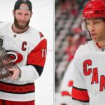 NHL News and NHL Scores: Carolina Hurricanes Win 2026 Stanley Cup Split image of Carolina Hurricanes captain Jordan Staal hoisting the 2026 Conn Smythe Trophy and Taylor Hall in full gear, celebrating their championship victory.