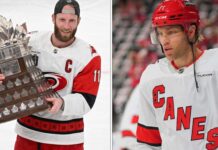 NHL News and NHL Scores: Carolina Hurricanes Win 2026 Stanley Cup Split image of Carolina Hurricanes captain Jordan Staal hoisting the 2026 Conn Smythe Trophy and Taylor Hall in full gear, celebrating their championship victory.
