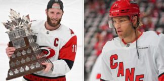 NHL News and NHL Scores: Carolina Hurricanes Win 2026 Stanley Cup Split image of Carolina Hurricanes captain Jordan Staal hoisting the 2026 Conn Smythe Trophy and Taylor Hall in full gear, celebrating their championship victory.