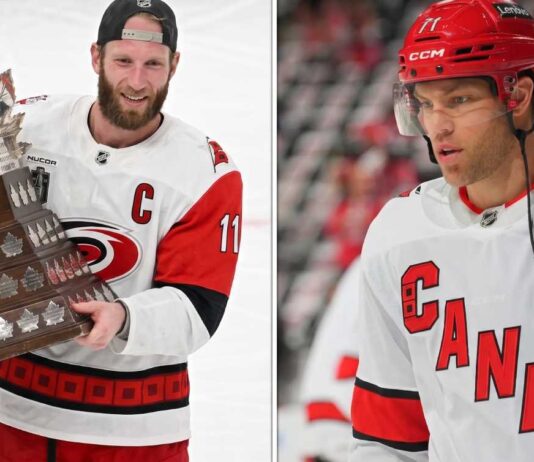 NHL News and NHL Scores: Carolina Hurricanes Win 2026 Stanley Cup Split image of Carolina Hurricanes captain Jordan Staal hoisting the 2026 Conn Smythe Trophy and Taylor Hall in full gear, celebrating their championship victory.