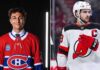 Montreal Canadiens Trade Rumors: Nico Hischier & Michael Hage Split-screen image visualizing a rumored NHL trade scenario: on the left, top Montreal Canadiens prospect Michael Hage in his #24 jersey; on the right, New Jersey Devils Captain Nico Hischier in his white #13 jersey with the "C" patch, shown during a game.