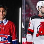 Split-screen image visualizing a rumored NHL trade scenario: on the left, top Montreal Canadiens prospect Michael Hage in his #24 jersey; on the right, New Jersey Devils Captain Nico Hischier in his white #13 jersey with the "C" patch, shown during a game.