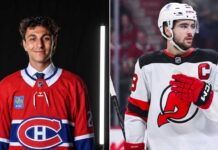 Split-screen image visualizing a rumored NHL trade scenario: on the left, top Montreal Canadiens prospect Michael Hage in his #24 jersey; on the right, New Jersey Devils Captain Nico Hischier in his white #13 jersey with the "C" patch, shown during a game.