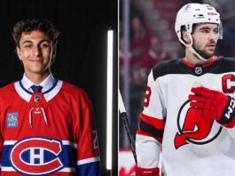 Split-screen image visualizing a rumored NHL trade scenario: on the left, top Montreal Canadiens prospect Michael Hage in his #24 jersey; on the right, New Jersey Devils Captain Nico Hischier in his white #13 jersey with the "C" patch, shown during a game.