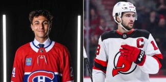 Split-screen image visualizing a rumored NHL trade scenario: on the left, top Montreal Canadiens prospect Michael Hage in his #24 jersey; on the right, New Jersey Devils Captain Nico Hischier in his white #13 jersey with the "C" patch, shown during a game.