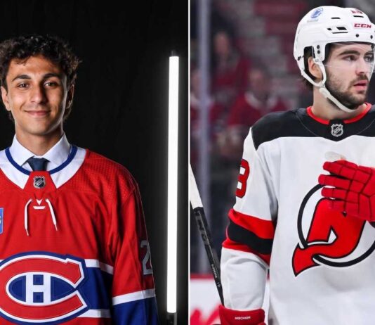 Split-screen image visualizing a rumored NHL trade scenario: on the left, top Montreal Canadiens prospect Michael Hage in his #24 jersey; on the right, New Jersey Devils Captain Nico Hischier in his white #13 jersey with the "C" patch, shown during a game.