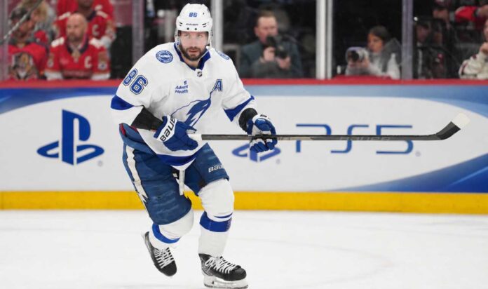 Nikita Kucherov point projections 2026-27 for the Tampa Bay Lightning fantasy hockey season with PS5 rink board ad