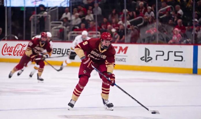 oscar-hemming-washington-capitals-2026-nhl-draft Boston College freshman and 2026 NHL Draft prospect Oscar Hemming #9 puck handling during an NCAA hockey game.
