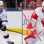 Sebastian Cossa Trade Rumors: Will the Detroit Red Wings Deal Him to Utah? Split-image graphic showing Utah Hockey Club center Barrett Hayton skating with the puck (left) and Detroit Red Wings prospect goaltender Sebastian Cossa in a butterfly stance (right) amidst NHL trade rumors.
