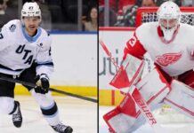Sebastian Cossa Trade Rumors: Will the Detroit Red Wings Deal Him to Utah? Split-image graphic showing Utah Hockey Club center Barrett Hayton skating with the puck (left) and Detroit Red Wings prospect goaltender Sebastian Cossa in a butterfly stance (right) amidst NHL trade rumors.