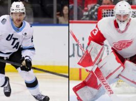 Sebastian Cossa Trade Rumors: Will the Detroit Red Wings Deal Him to Utah? Split-image graphic showing Utah Hockey Club center Barrett Hayton skating with the puck (left) and Detroit Red Wings prospect goaltender Sebastian Cossa in a butterfly stance (right) amidst NHL trade rumors.