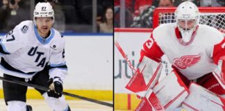 Split-image graphic showing Utah Hockey Club center Barrett Hayton skating with the puck (left) and Detroit Red Wings prospect goaltender Sebastian Cossa in a butterfly stance (right) amidst NHL trade rumors.