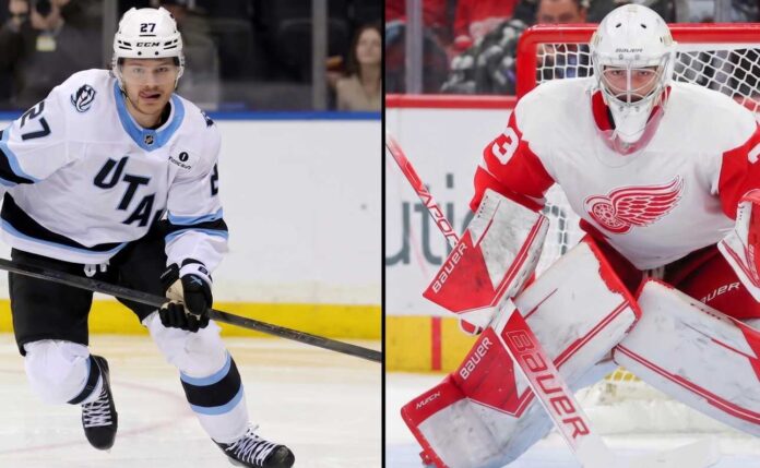 Split-image graphic showing Utah Hockey Club center Barrett Hayton skating with the puck (left) and Detroit Red Wings prospect goaltender Sebastian Cossa in a butterfly stance (right) amidst NHL trade rumors.