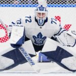 Sergei Bobrovsky wearing a Toronto Maple Leafs jersey and goalie mask amid NHL free agency rumors linking him to Toronto