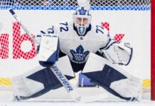 Sergei Bobrovsky wearing a Toronto Maple Leafs jersey and goalie mask amid NHL free agency rumors linking him to Toronto