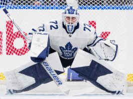 Sergei Bobrovsky wearing a Toronto Maple Leafs jersey and goalie mask amid NHL free agency rumors linking him to Toronto