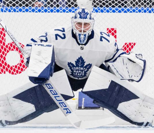 Sergei Bobrovsky wearing a Toronto Maple Leafs jersey and goalie mask amid NHL free agency rumors linking him to Toronto