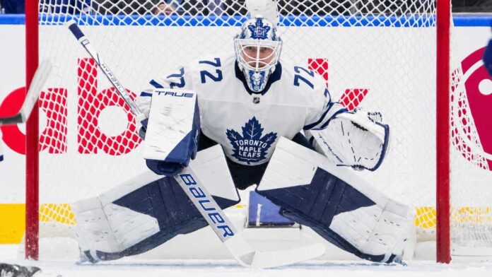 Sergei Bobrovsky wearing a Toronto Maple Leafs jersey and goalie mask amid NHL free agency rumors linking him to Toronto