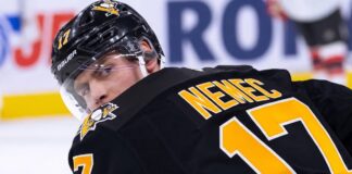 A conceptual image visualizing New Jersey Devils defenseman Simon Nemec wearing a black Pittsburgh Penguins home jersey and helmet, illustrating current NHL trade rumors.