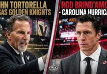 2026 Stanley Cup Final: Vegas Golden Knights vs. Carolina Hurricanes Coaching Matchup Graphic showing Carolina Hurricanes coach Rod Brind'Amour and Vegas Golden Knights coach John Tortorella for the 2026 Stanley Cup Final coaching clash deciding factor.