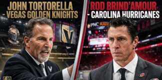 2026 Stanley Cup Final: Vegas Golden Knights vs. Carolina Hurricanes Coaching Matchup Graphic showing Carolina Hurricanes coach Rod Brind'Amour and Vegas Golden Knights coach John Tortorella for the 2026 Stanley Cup Final coaching clash deciding factor.