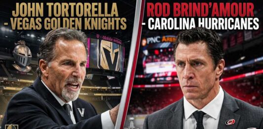 Graphic showing Carolina Hurricanes coach Rod Brind'Amour and Vegas Golden Knights coach John Tortorella for the 2026 Stanley Cup Final coaching clash deciding factor.