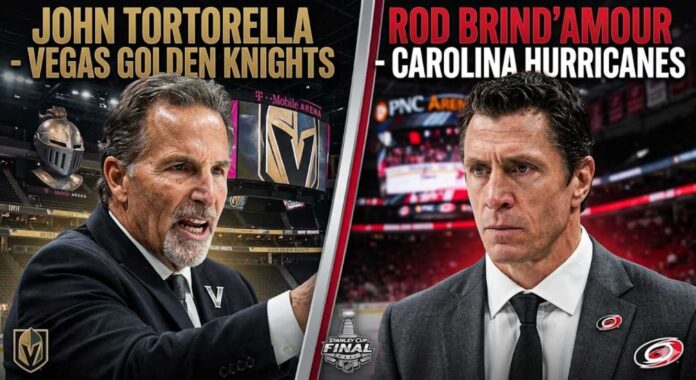 tortorella-brindamour-vegas-golden-knights-carolina-hurricanes-2026-stanley-cup-coaches Graphic showing Carolina Hurricanes coach Rod Brind'Amour and Vegas Golden Knights coach John Tortorella for the 2026 Stanley Cup Final coaching clash deciding factor.