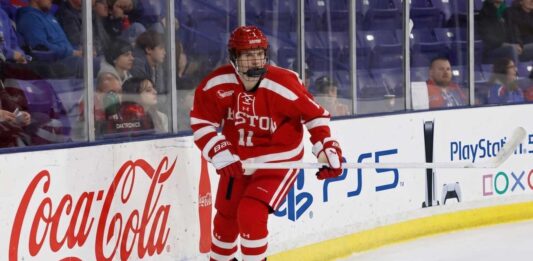 St. Louis Blues 2026 NHL Draft: Why Tynan Lawrence at #11 Makes Sense Tynan Lawrence, Boston University center and St. Louis Blues 2026 draft prospect, in action on the ice wearing jersey #11.