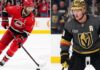 How to Watch Vegas Golden Knights vs Carolina Hurricanes Game 5 TV Channel A split photo for the 2026 Stanley Cup Final Game 5. On the left: Jordan Staal (#11, captain) of the Carolina Hurricanes in full red gear handling the puck. On the right: Jack Eichel (#9, alternate captain) of the Vegas Golden Knights with his golden helmet and grey jersey looking down the ice, with both home crowds visible.