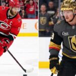 How to Watch Vegas Golden Knights vs Carolina Hurricanes Game 5 TV Channel A split photo for the 2026 Stanley Cup Final Game 5. On the left: Jordan Staal (#11, captain) of the Carolina Hurricanes in full red gear handling the puck. On the right: Jack Eichel (#9, alternate captain) of the Vegas Golden Knights with his golden helmet and grey jersey looking down the ice, with both home crowds visible.