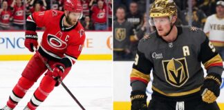 How to Watch Vegas Golden Knights vs Carolina Hurricanes Game 5 TV Channel A split photo for the 2026 Stanley Cup Final Game 5. On the left: Jordan Staal (#11, captain) of the Carolina Hurricanes in full red gear handling the puck. On the right: Jack Eichel (#9, alternate captain) of the Vegas Golden Knights with his golden helmet and grey jersey looking down the ice, with both home crowds visible.
