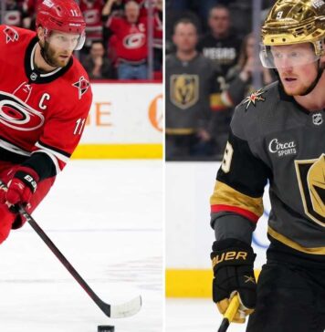 How to Watch Vegas Golden Knights vs Carolina Hurricanes Game 5 TV Channel A split photo for the 2026 Stanley Cup Final Game 5. On the left: Jordan Staal (#11, captain) of the Carolina Hurricanes in full red gear handling the puck. On the right: Jack Eichel (#9, alternate captain) of the Vegas Golden Knights with his golden helmet and grey jersey looking down the ice, with both home crowds visible.