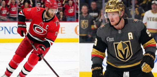 How to Watch Vegas Golden Knights vs Carolina Hurricanes Game 5 TV Channel A split photo for the 2026 Stanley Cup Final Game 5. On the left: Jordan Staal (#11, captain) of the Carolina Hurricanes in full red gear handling the puck. On the right: Jack Eichel (#9, alternate captain) of the Vegas Golden Knights with his golden helmet and grey jersey looking down the ice, with both home crowds visible.