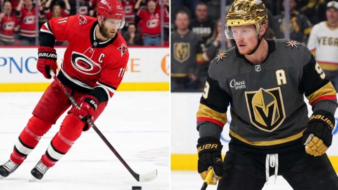 vegas-golden-knights-carolina-hurricanes-game-5 A split photo for the 2026 Stanley Cup Final Game 5. On the left: Jordan Staal (#11, captain) of the Carolina Hurricanes in full red gear handling the puck. On the right: Jack Eichel (#9, alternate captain) of the Vegas Golden Knights with his golden helmet and grey jersey looking down the ice, with both home crowds visible.