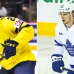 A side-by-side comparison image of Swedish hockey prospect Viggo Björck (left) and Toronto Maple Leafs forward Matthew Knies (right), illustrating the Chicago Blackhawks' potential trade or draft choice at the #4 spot in the 2026 NHL Draft.