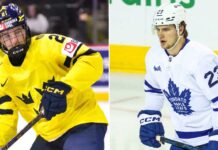 Chicago Blackhawks #4 Pick: Draft Viggo Björck or Trade for Matthew Knies? A side-by-side comparison image of Swedish hockey prospect Viggo Björck (left) and Toronto Maple Leafs forward Matthew Knies (right), illustrating the Chicago Blackhawks' potential trade or draft choice at the #4 spot in the 2026 NHL Draft.