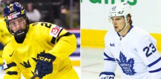 A side-by-side comparison image of Swedish hockey prospect Viggo Björck (left) and Toronto Maple Leafs forward Matthew Knies (right), illustrating the Chicago Blackhawks' potential trade or draft choice at the #4 spot in the 2026 NHL Draft.