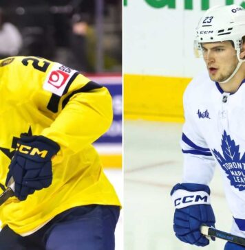 A side-by-side comparison image of Swedish hockey prospect Viggo Björck (left) and Toronto Maple Leafs forward Matthew Knies (right), illustrating the Chicago Blackhawks' potential trade or draft choice at the #4 spot in the 2026 NHL Draft.
