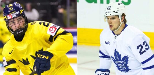 Chicago Blackhawks #4 Pick: Draft Viggo Björck or Trade for Matthew Knies? A side-by-side comparison image of Swedish hockey prospect Viggo Björck (left) and Toronto Maple Leafs forward Matthew Knies (right), illustrating the Chicago Blackhawks' potential trade or draft choice at the #4 spot in the 2026 NHL Draft.