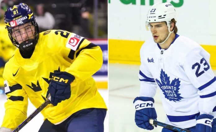 viggo-bjorck-chicago-blackhawks-2026-nhl-draft A side-by-side comparison image of Swedish hockey prospect Viggo Björck (left) and Toronto Maple Leafs forward Matthew Knies (right), illustrating the Chicago Blackhawks' potential trade or draft choice at the #4 spot in the 2026 NHL Draft.