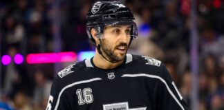 Vincent Trocheck in Los Angeles Kings black home jersey with number 16 after reported trade from NY Rangers.
