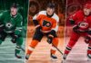 Zach Werenski trade rumors graphic showing him in Dallas Stars, Philadelphia Flyers and Carolina Hurricanes jerseys as potential fits from the Columbus Blue Jackets.