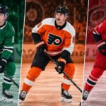 Zach Werenski trade rumors graphic showing him in Dallas Stars, Philadelphia Flyers and Carolina Hurricanes jerseys as potential fits from the Columbus Blue Jackets.