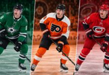 Zach Werenski trade rumors graphic showing him in Dallas Stars, Philadelphia Flyers and Carolina Hurricanes jerseys as potential fits from the Columbus Blue Jackets.
