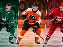Zach Werenski trade rumors graphic showing him in Dallas Stars, Philadelphia Flyers and Carolina Hurricanes jerseys as potential fits from the Columbus Blue Jackets.